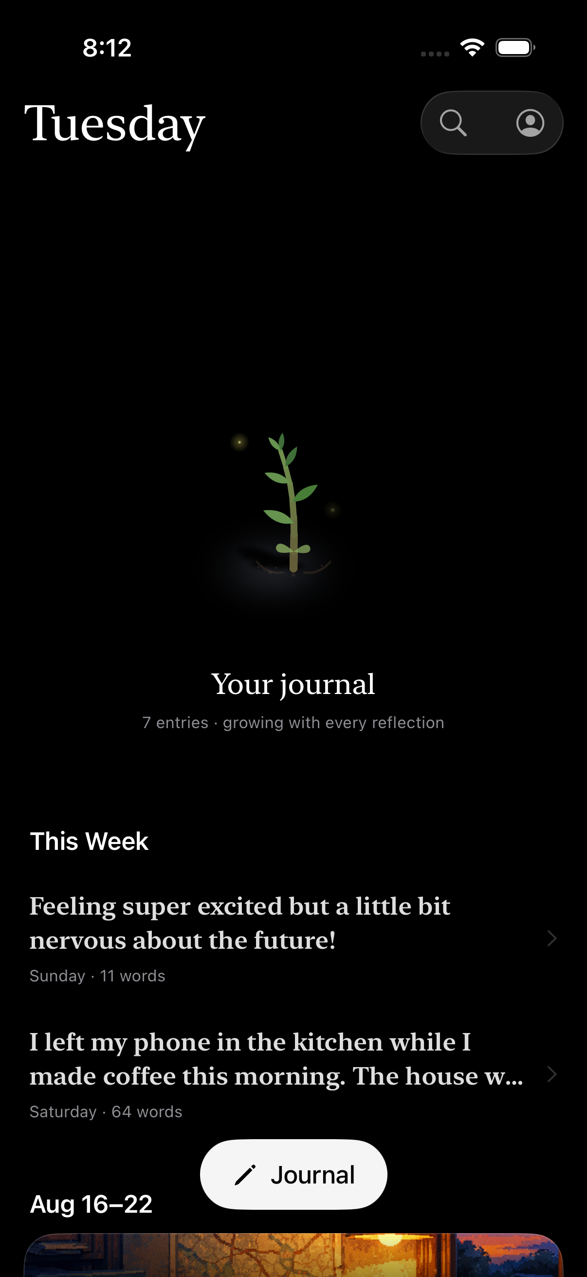 Nemora in dark mode showing a growing seedling, journal entries, and a weekly portrait
