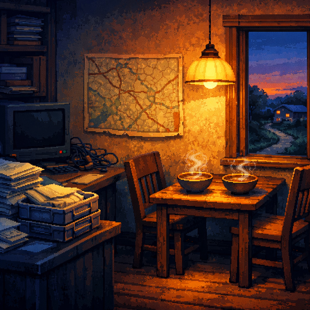 A warm pixel-painted room with two steaming bowls, a map, and a path leading home